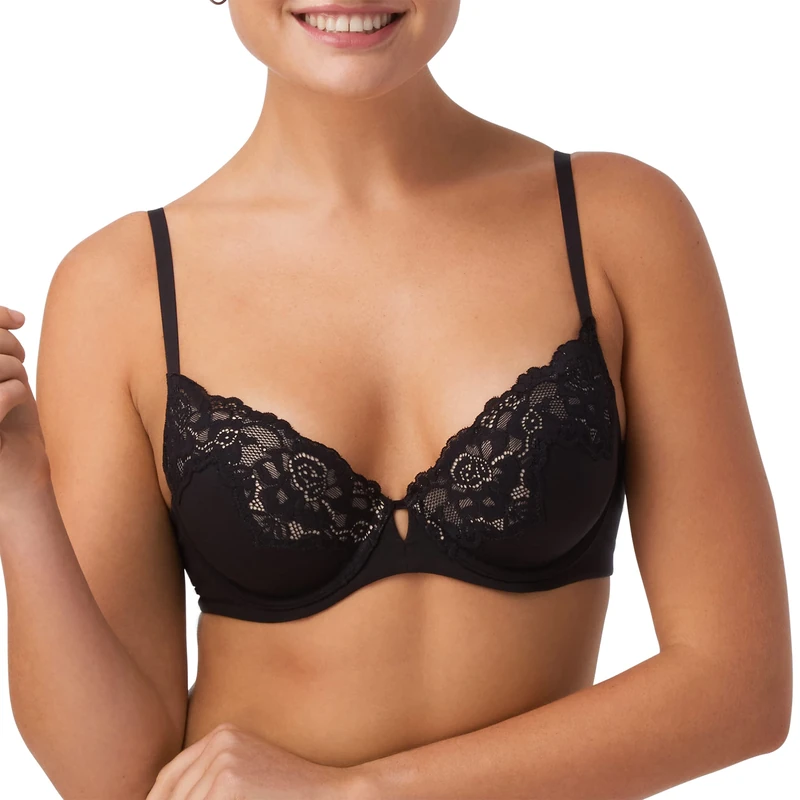 Maidenform Women's Comfort Devotion Your Lift Underwire Bra with Lace Trim, Convertible Straps, Opaque, Black/Evening Blush, 40C