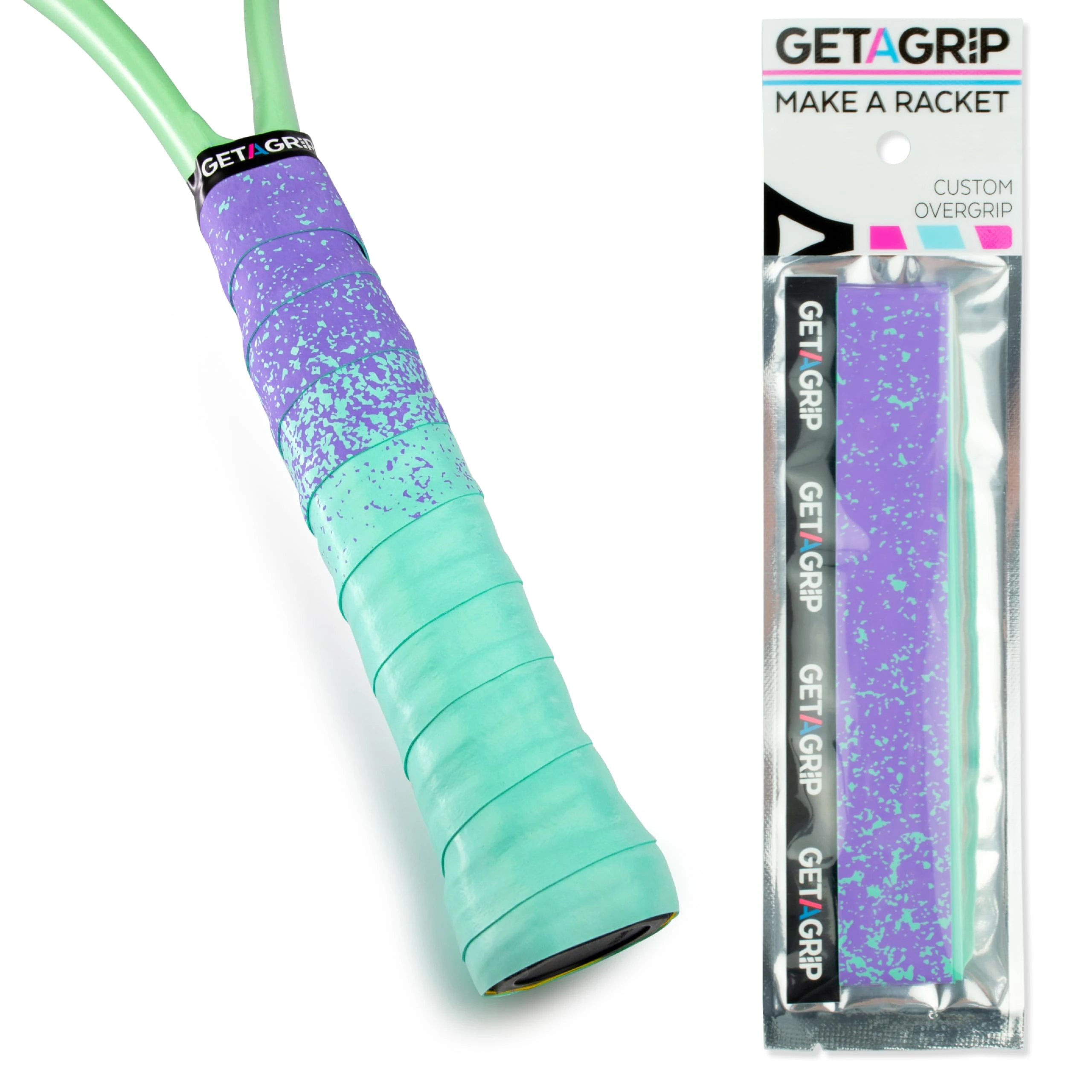 Get A Grip - Custom Tennis Racket Grip Tape - Anti-Slip/Quick-Drying Tennis Overgrips - Precut Badminton Racket Grip with Finishing Tape - Squash Racket Grip Tapes (Paint The Lines (Purple + Mint), 1)