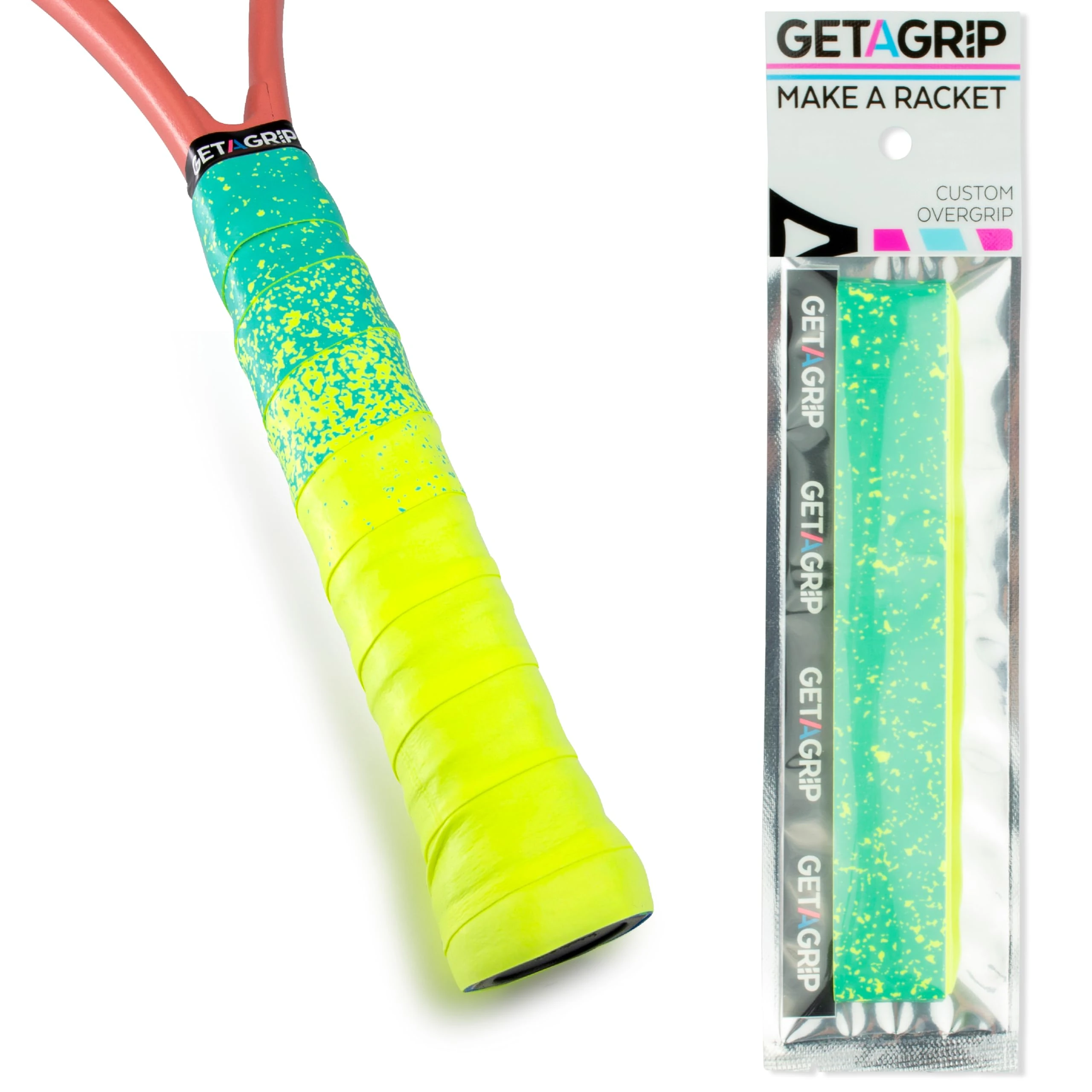 GET A GRIP - Custom Tennis Racket Grip Tape - Anti-Slip/Quick-Drying Tennis Overgrips - Precut Badminton Racket Grip with Finishing Tape - Squash Racket Grip Tapes (Paint The Lines (Neon + Blue), 1)
