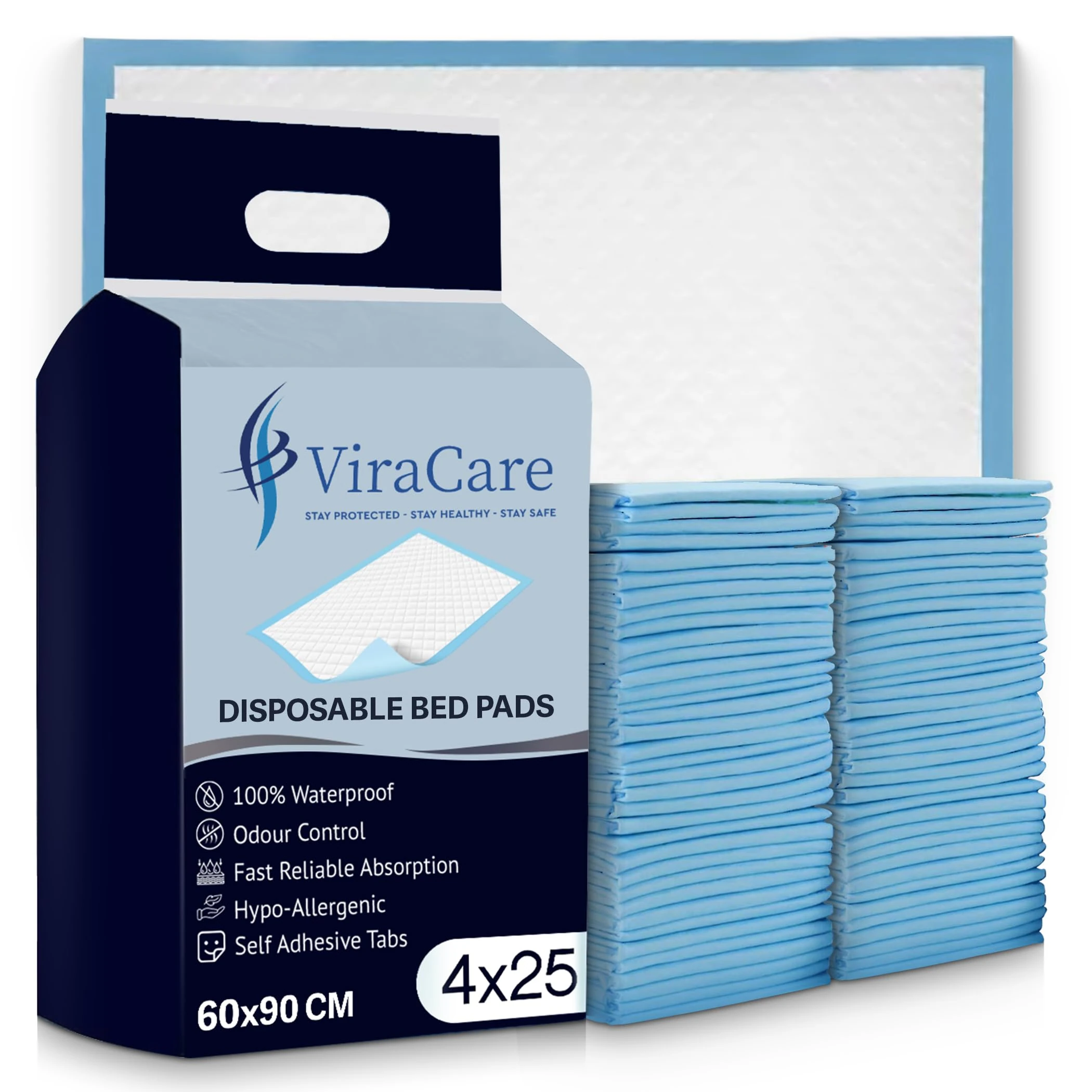 100 x Incontinence Bed Pads | Disposable Bed Pads | Bed Protectors For Incontinence | Size 60x90cm | With Self-Adhesive Sticker Tabs | Bed Mats Disposable | (4 Packs of 25)