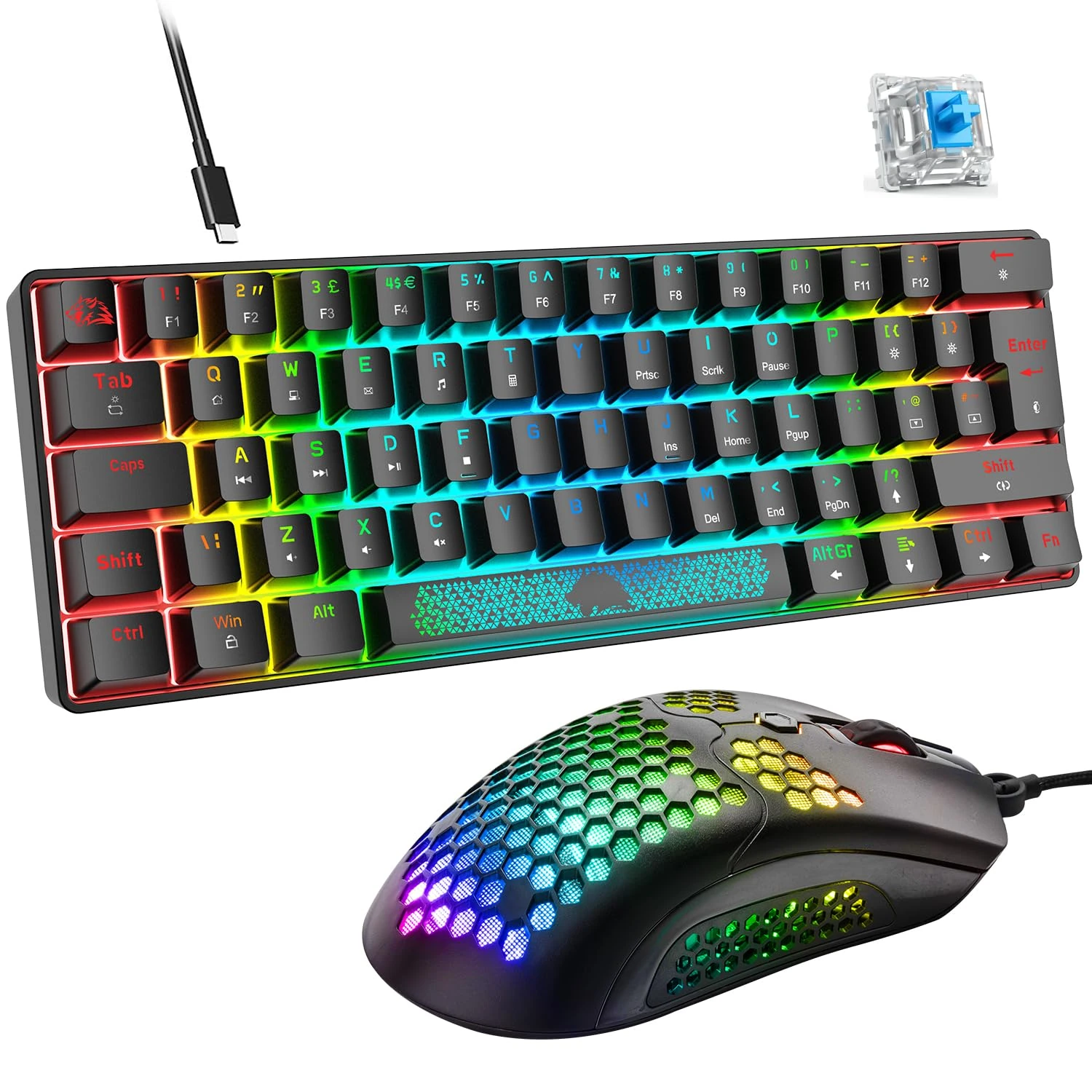 RGB Mini 60% Mechanical Gaming Keyboard UK Layout 62-Key 18 Chroma Backlit Blue Switch Wired Compact Keyboard with radiant Spacebar+12000DPI 65G Lightweight Gaming Mouse for PS4/Xbox/PC/Laptop-Black