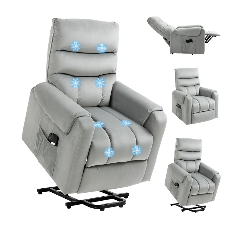 HOMCOM Recliner Electric Power Lift Chair for Elderly with 8 Vibration Massage Points, Upholstered Reclining Chair with Remote Controls, Side Pockets, Grey