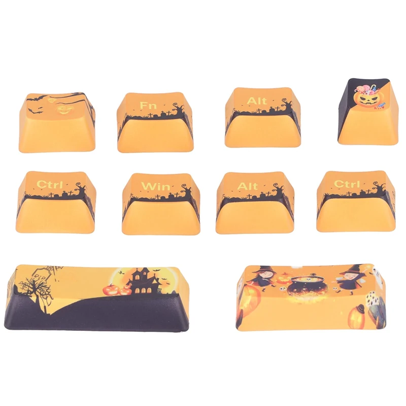 Sanpyl DIY PBT Keycaps, Halloween Theme 10Pcs DIY Five-Sided Custom Dye-Sublimation Keycaps for DIY Gaming Mechanical Keyboard, Esc, 2*Shift, 2*Ctrl, Win, Fn, Menu, 2*Alt Keys - Image 1