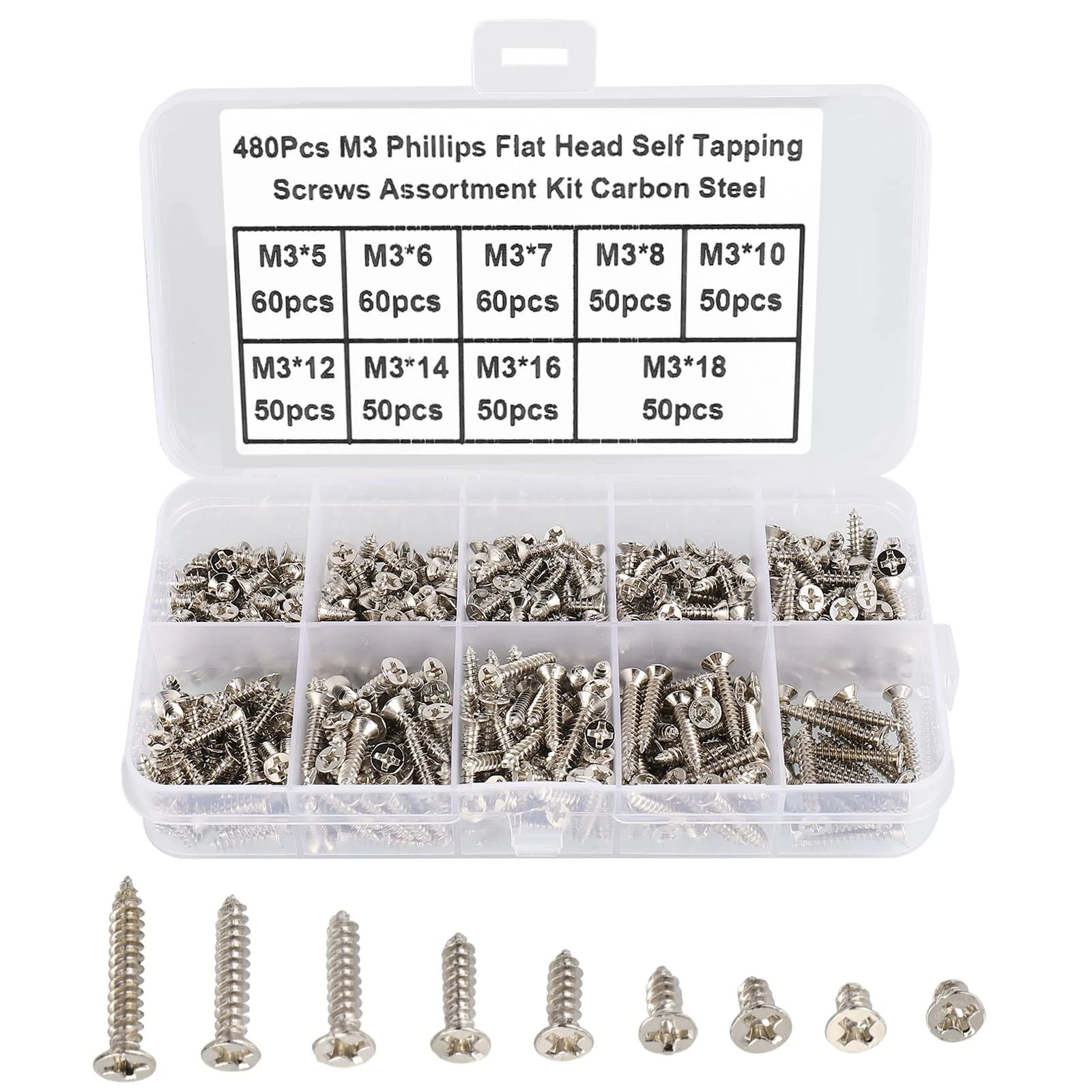 FandWay 480Pcs M3 Phillips Flat Head Self-Tapping Screws, Carbon Steel Countersunk Head Tapping Screws,Wood Screws Assortment Set With Storage Box (Nickel Plated) (Silver)
