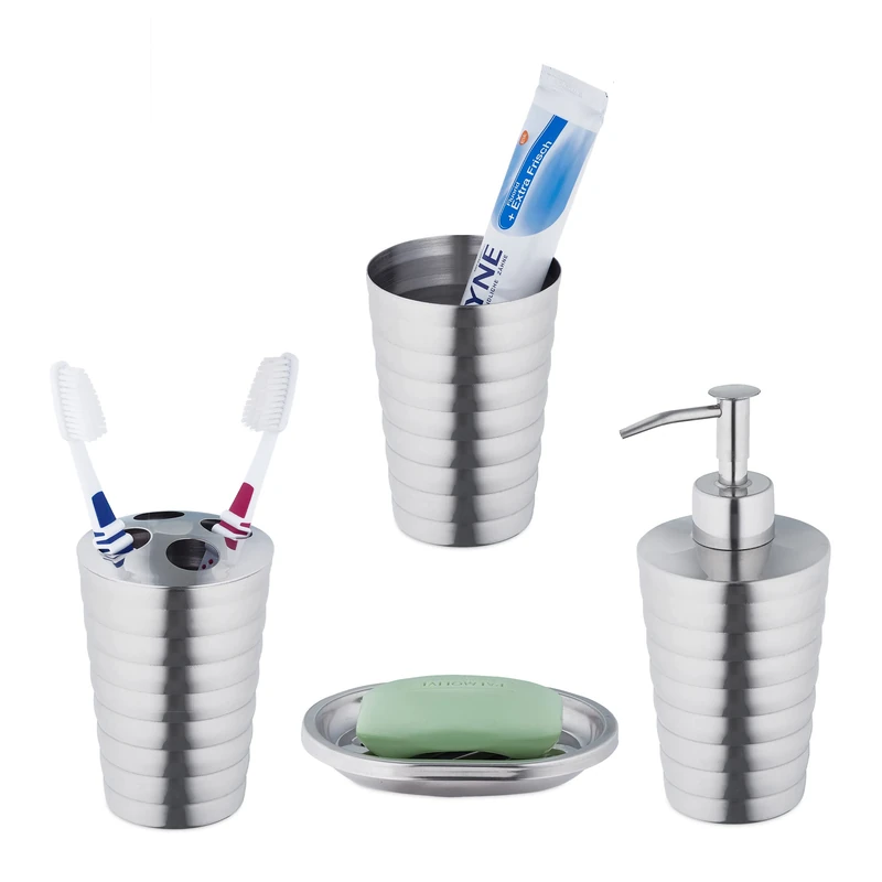 Relaxdays 4-piece bathroom accessory set, polished stainless steel, soap dish, dispenser, tumbler, modern design, silver