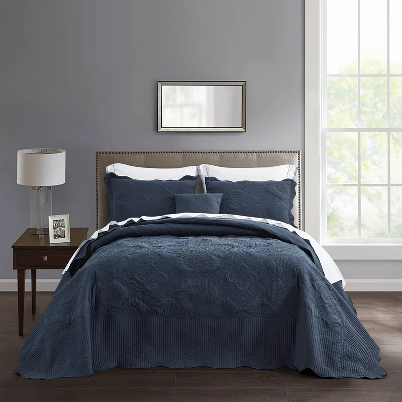 HZ & HY Oversized King Bedspread 128x120, Stitched Damask, Polar Night