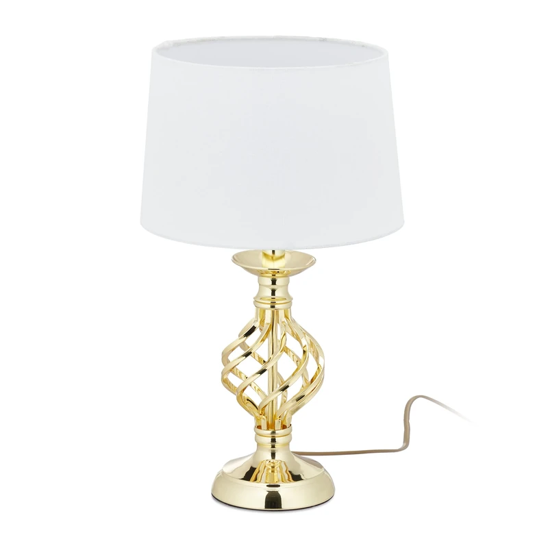 Relaxdays Table Lamp with Touch, Modern Bedside Lamp, H x D: 43.5 x 25 cm, E14, Touch Lamp with Fabric Shade, Gold/White, 10038907_259