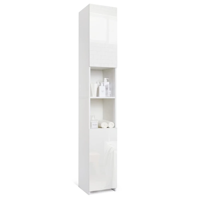 Mondeer Tall Bathroom Cabinet Free Standing, Slim Storage Cabinet with 2 High Gloss Doors and 6 Storage Spaces 30 x 30 x 184 cm White