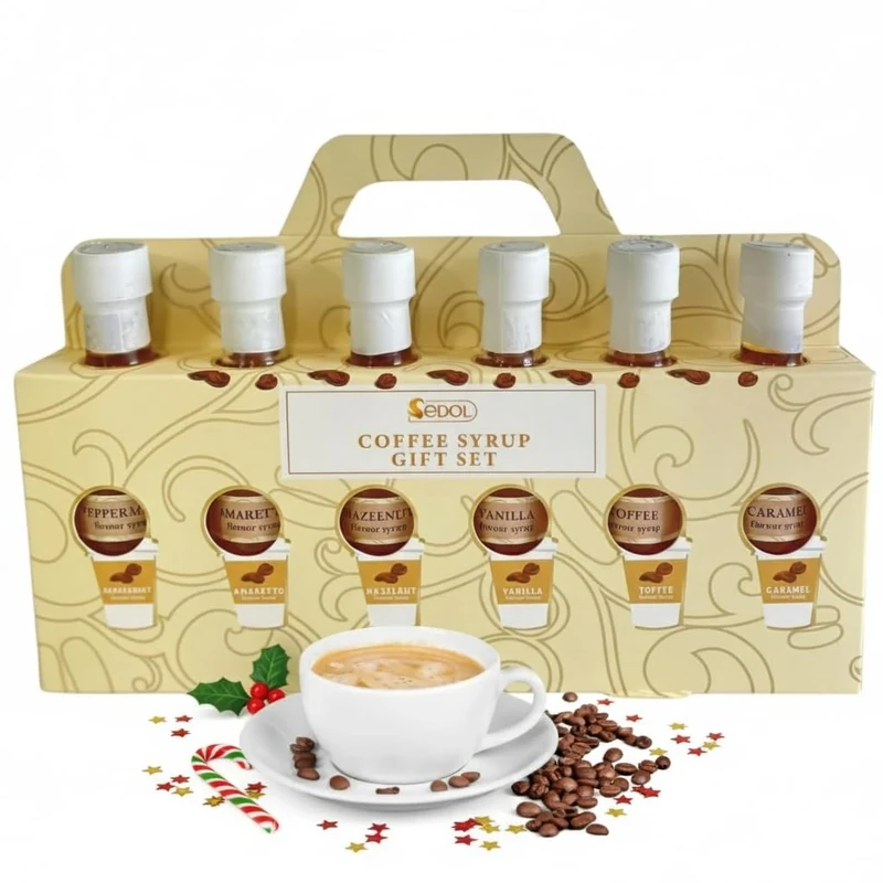 Luxury Coffee Syrup Gift Set – 6 Flavoured Coffee Syrups in Festive Gift Box – Christmas Hamper for Women & Men – Coffee Gift Set with Caramel, Vanilla, Hazelnut, Amaretto & Peppermint Syrups