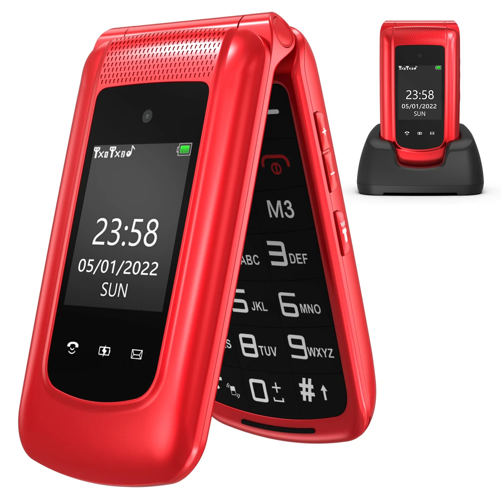 CHAKEYAKE Senior Mobile phone with Big Button, Easy to Use Basic Cell Phone, GSM Sim Free Unlocked Mobile Flip Phone with Dual Color Large Display | SOS Button | FM Radio | Torch |1000mAh Battery-Red