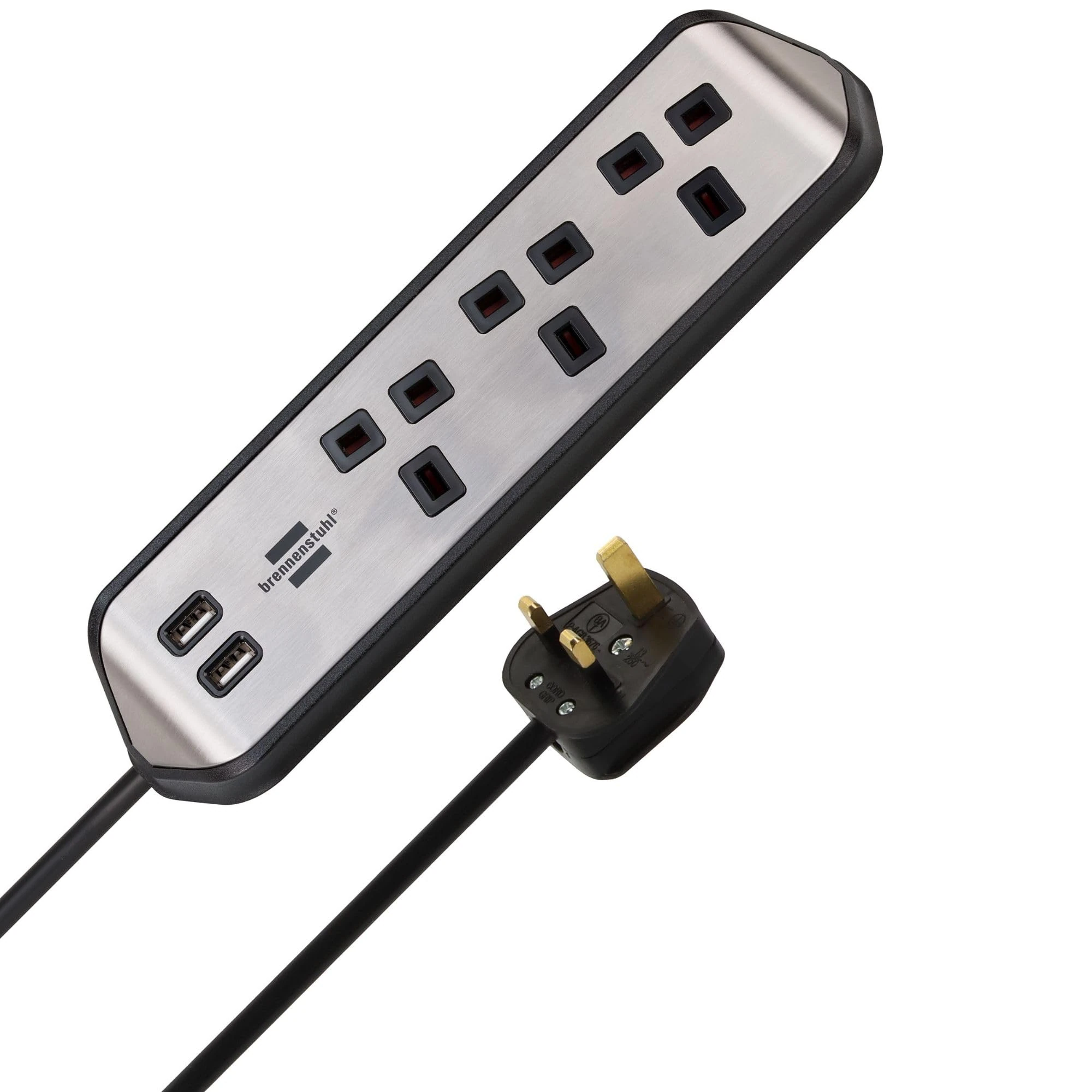 brennenstuhl estilo Corner Extension Lead 3-way (Extension Cord with Stainless Steel Surface for Desk/Kitchen/Office, with 3x Earthed Sockets, 2x USB Ports) silver/black
