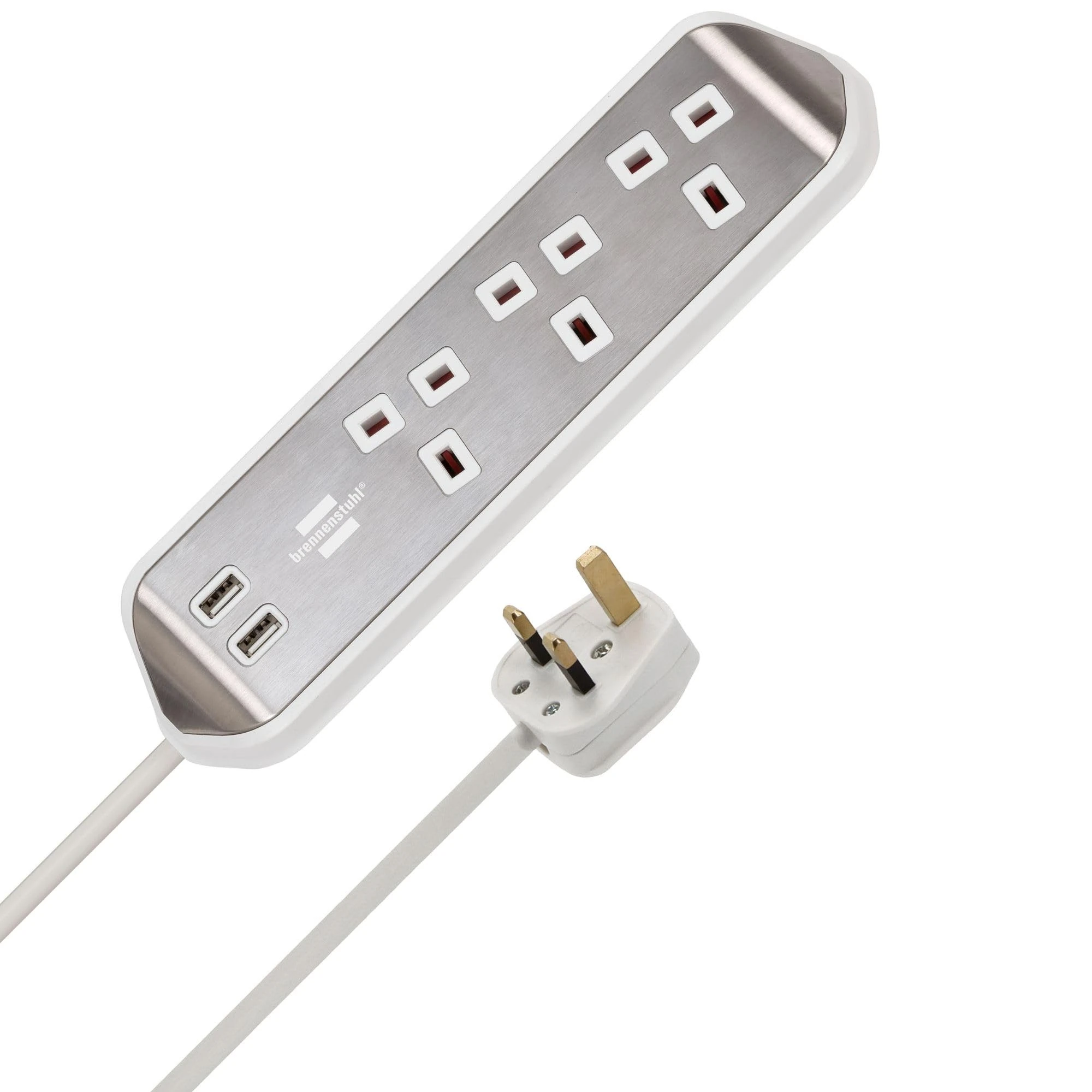 brennenstuhl estilo Corner Extension Lead 3-way (Extension Cord with Stainless Steel Surface for Desk/Kitchen/Office, with 3x Earthed Sockets, 2x USB Ports) silver/white