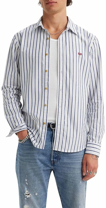 Levi's Men's Long-Sleeve Battery Housemark Slim Shirt, Jenny Stripe Sodalite Blue, XS