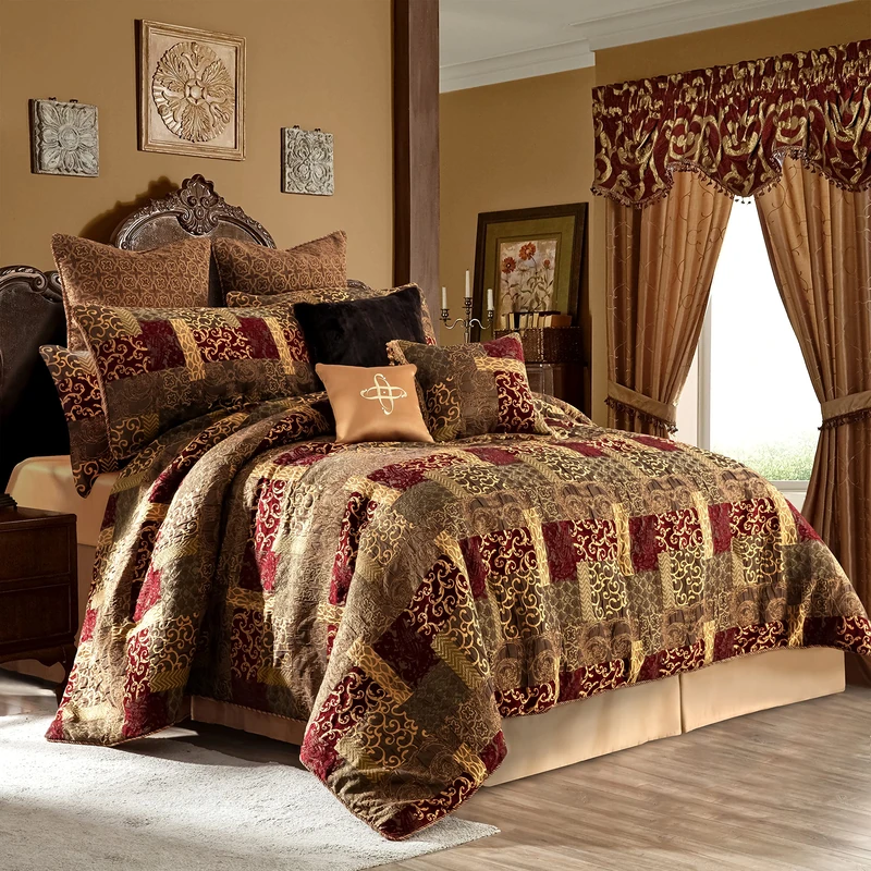Loom and Mill Ultra Soft Bedding with Euro Shams, Bedskirt, Filled Decorative Pillow for Home Bedroom, Chenille, Red Gold, Queen - Image 1