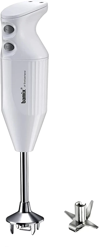 Bamix ONE White Hand Held Stick Blender with Multi-Purposestainless steel blades 160 Watts 2 Speeds, Made in Switzerland Hand Held Food Processor Heavy Duty AC Balanced Motor Smooth Quiet Operation