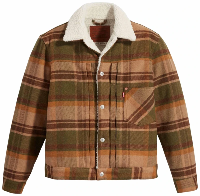 Levi's Men's Type I Sherpa Trucker Jacket, Barold Plaid Winter Moss, XS