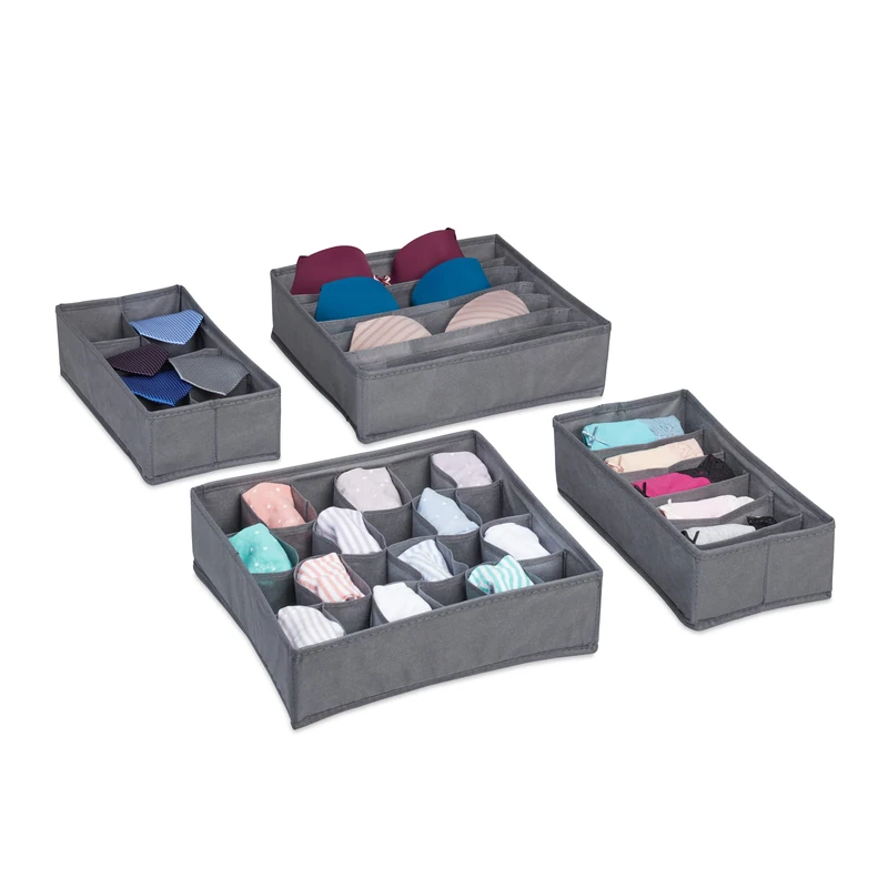 Relaxdays Underwear Set, 4-Piece Wardrobe Organisation, Drawer Dividers for Socks, Bras and Ties, Dark Grey, Fleece, 9 x 32 x 32 cm - Image 1