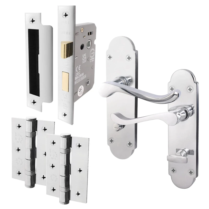 EAI Polished Chrome Bathroom Door Handle Set - Victoria Scroll Shaped | 1 Pair of Internal Handles with Hinges (76mm) & Lock (64mm)