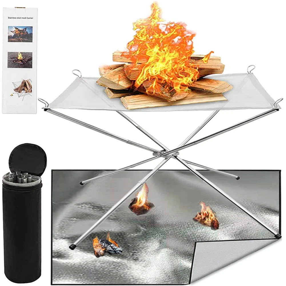 Portable Fire Pits Set with Fire Pit Mat for Collapsing Stainless Steel Mesh Fireplace with Storage Bag Perfect for For Outdoor Camping, BBQ, Patio and Garden-Small Size