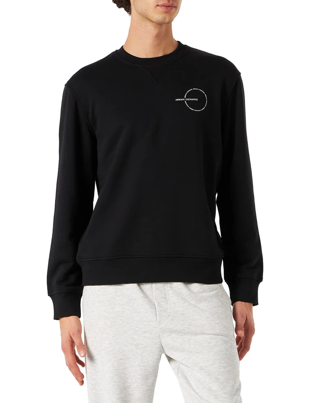 Armani Exchange Men's Logo Back and Front, Round Neck Pullover Sweater, Black, XS