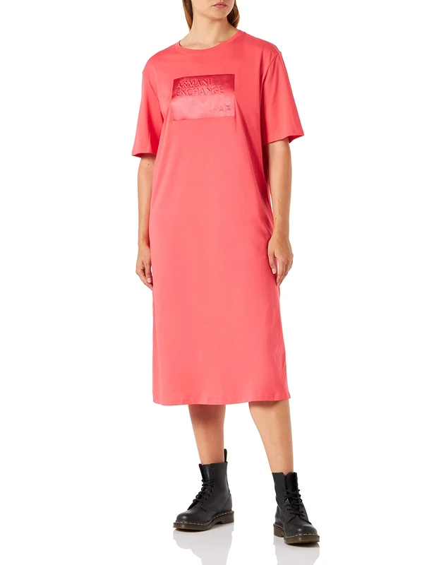 Armani Exchange Women's Midi, Short Sleeves, Patch Front Logo Dress, Infrared, Extra Small