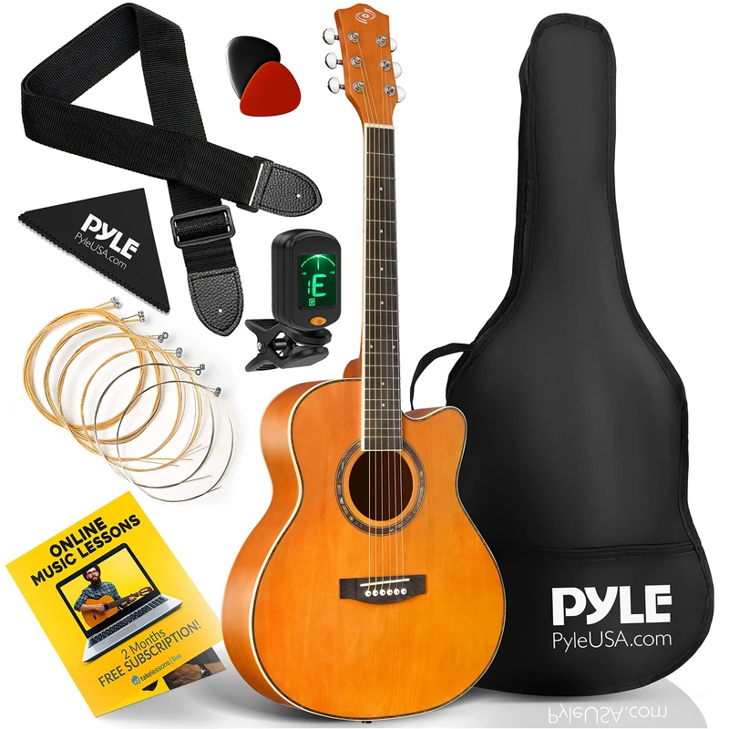 Pyle 6 String Acoustic Guitar Beginner Starter Kit Guitarra Acustica Bundle Pack with Cutaway Body Set for Students Practice, Kids, Adults, Right, Orange (PGA550CAOR)