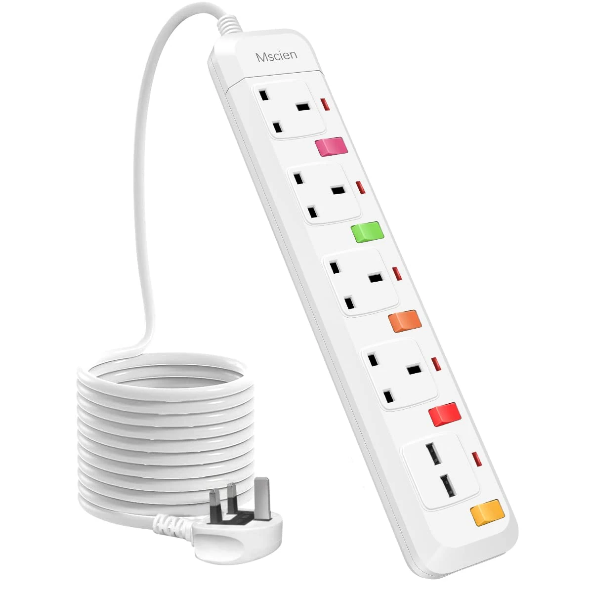 Mscien Extension Lead 2M with USB Slots, 13A 4 Way Plug Sockets with Individual Switches 2 USB Ports Extension Cord Mountable Power Strips with 2 Meter extension cable 3250W