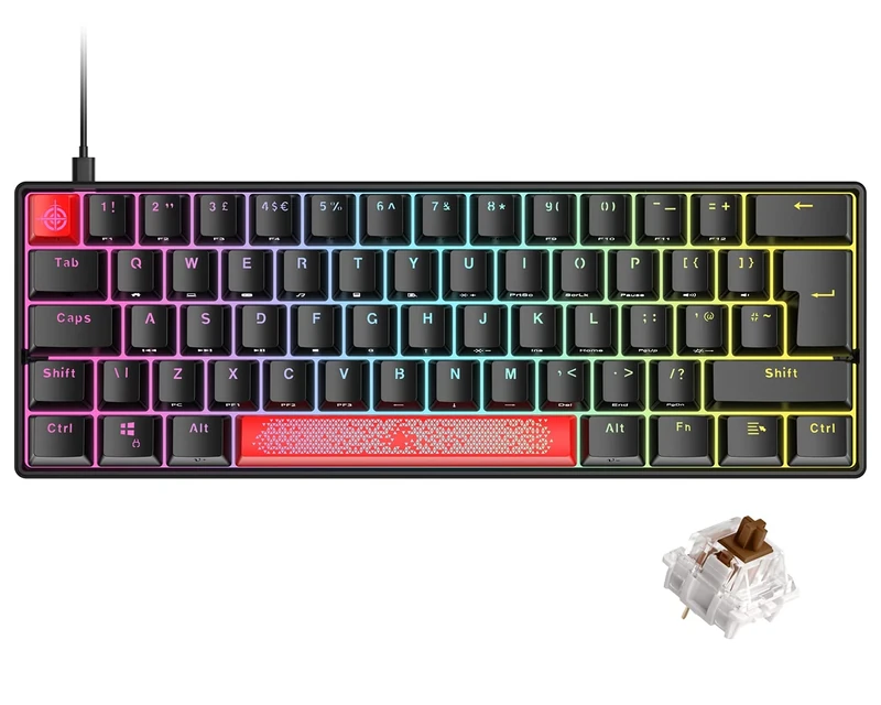 UK Layout 60% Mechanical Gaming Keyboard Mini Compact Type C Wired 61 Keys LED USB Waterproof Keyboard 14 Chroma RGB Backlight Anti-ghosting Keys+Extra Keycaps for Computer/PC/Laptop/MAC QWERTY, Black