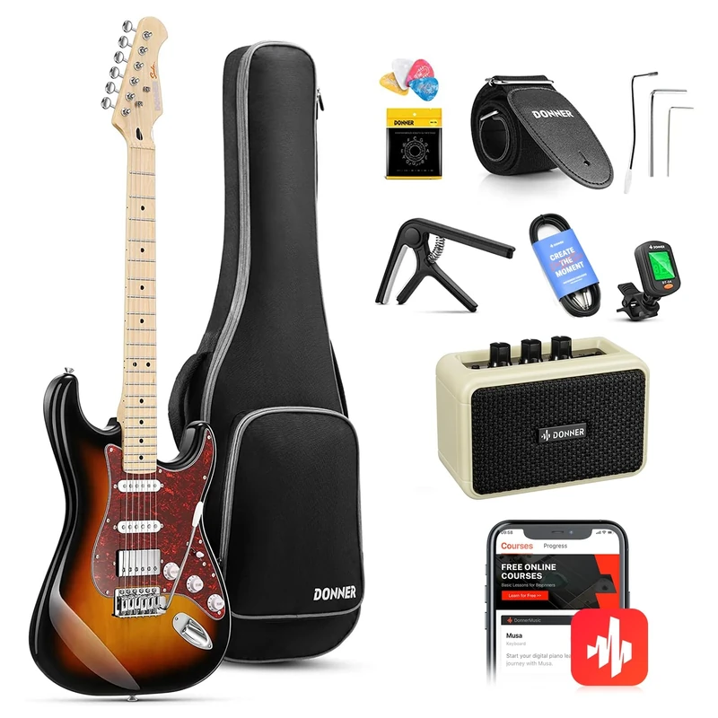 Donner Electric Guitar, DST-152S 39" Electric Guitar Kit HSS Pickup Coil Split, Guitar Starter Pack for Adult Beginners with Amp, Bag, Accessories, Sunburst