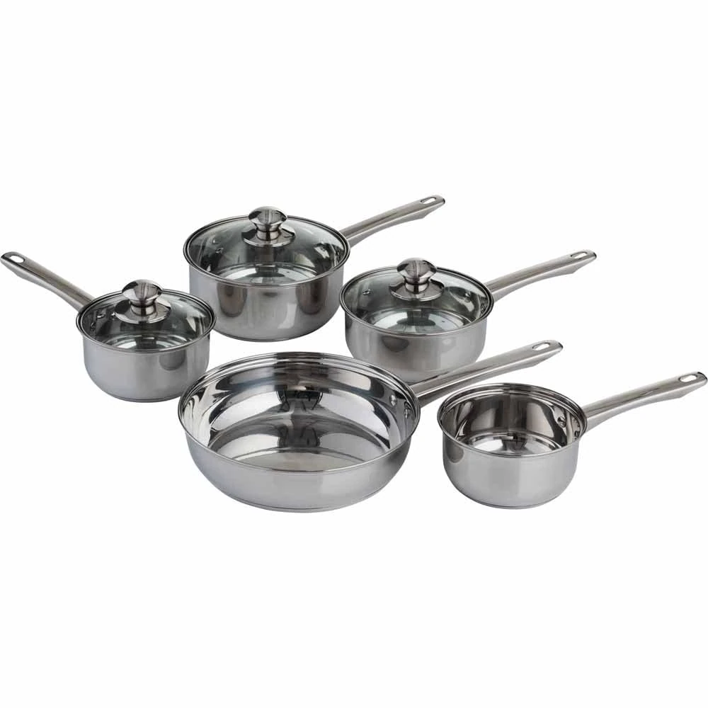 wilko 5 Piece Cookware Set - Saucepans and Frying Pan Set - Lightweight & Durable - Stainless Steel Pots & Pans Kit - with Glass Lids - Dishwasher Safe - Perfect for University