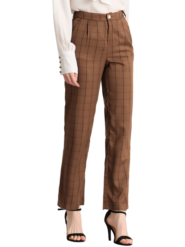 Allegra K Women's Plaid Pants Elastic Waist Casual Work Office Long Trousers, Dark Brown Black, M