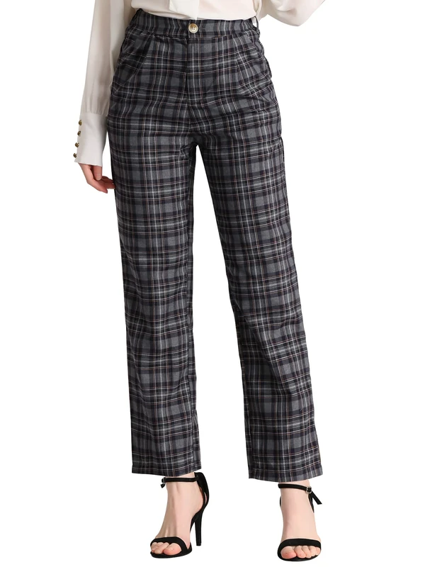 Allegra K Women's Plaid Pants Elastic Waist Casual Work Office Long Trousers, Dark Gray Black, XL
