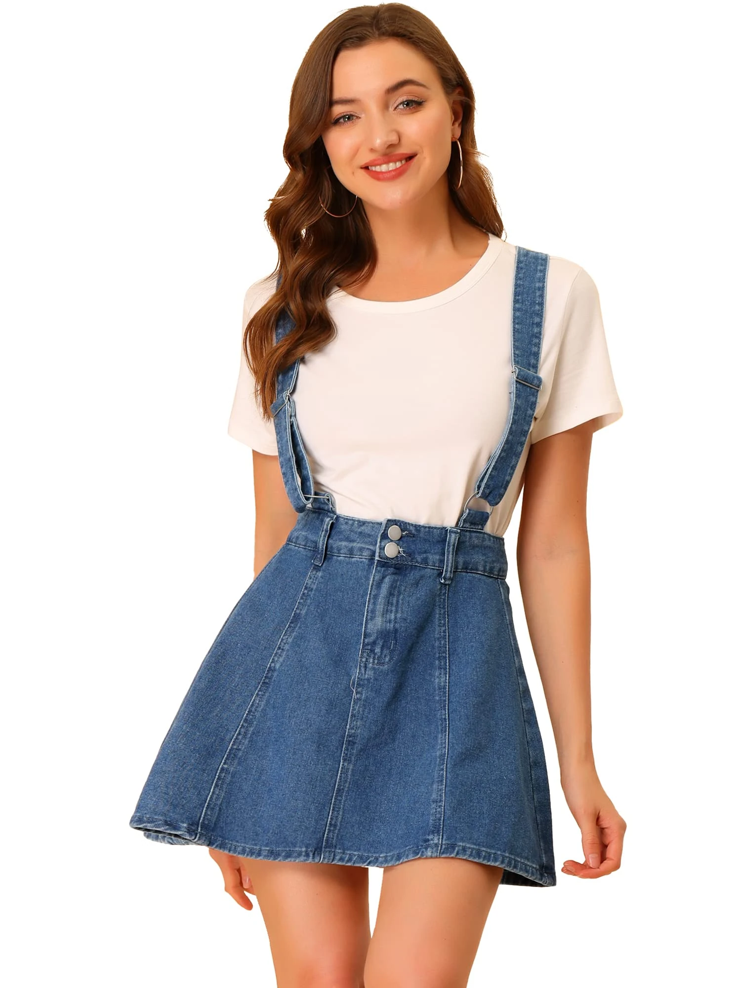 Allegra K Women's Denim Skirt Overall Adjustable Strap Braces Mini Suspender Washed Jean Skirts, M Blue, XS