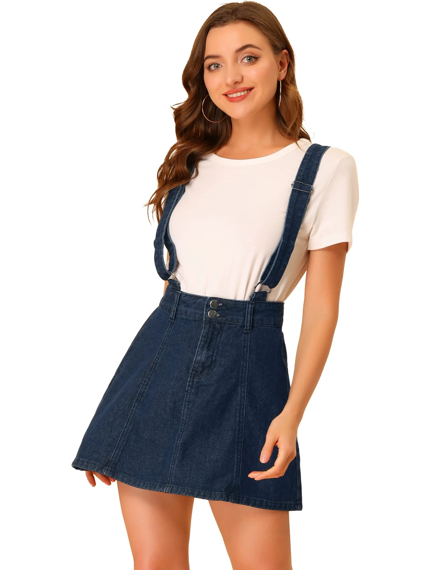 Allegra K Women's Denim Skirt Overall Adjustable Strap Braces Mini Suspender Washed Jean Skirts, Dark Blue, XS