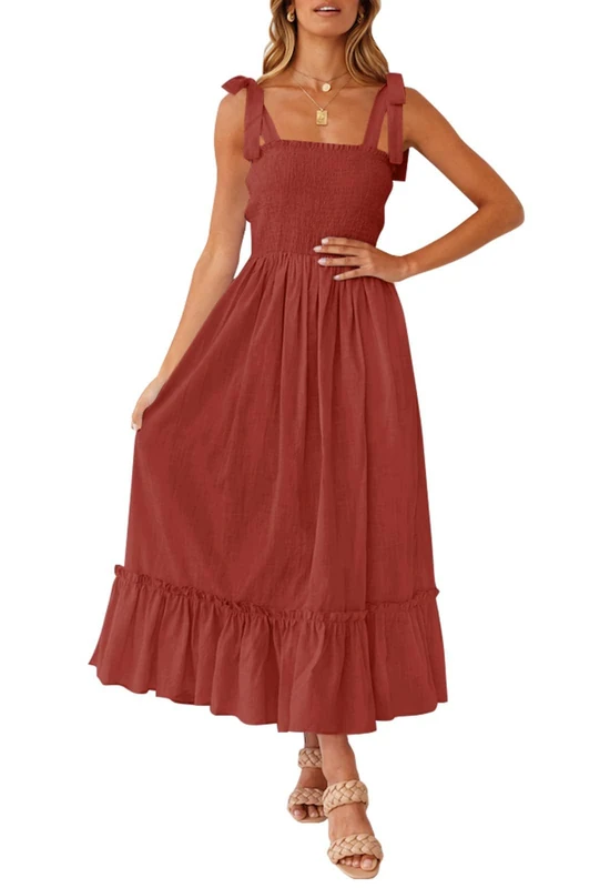 ZESICA Women's 2025 Summer Boho Spaghetti Strap Square Neck Solid Color Ruffle A Line Beach Long Maxi Dress, Rust, Large