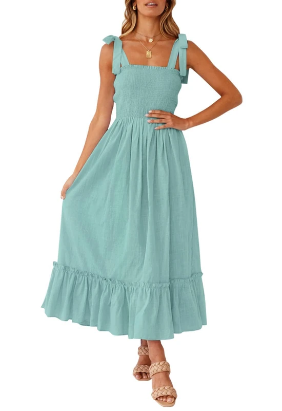 ZESICA Women's 2023 Summer Boho Spaghetti Strap Square Neck Solid Color Ruffle A Line Beach Long Maxi Dress, Sage, Medium