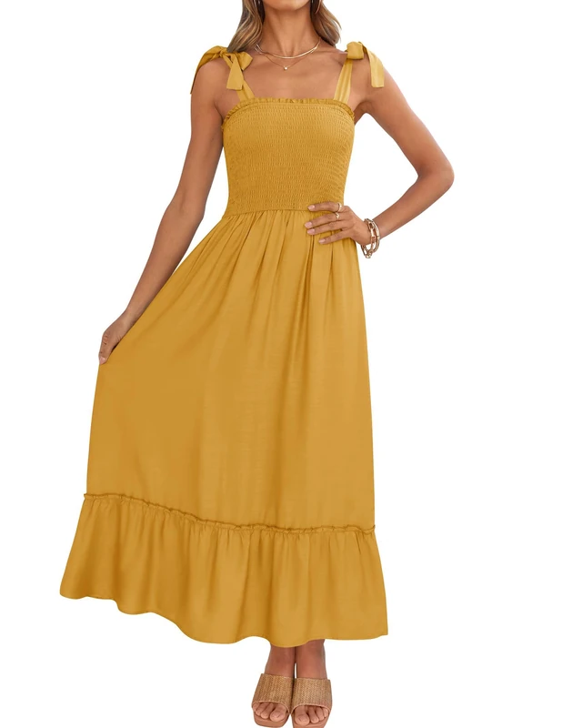 ZESICA Women's 2024 Summer Boho Spaghetti Strap Square Neck Solid Color Ruffle A Line Beach Long Maxi Dress, Mustard, Small