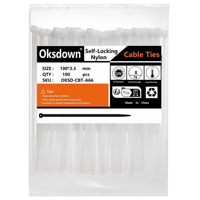 Oksdown 100 Pack White Plastic Cable Ties 100mm×2.5mm Small Nylon Zip Ties Premium Self Locking 4 inch Mini Tie Wraps