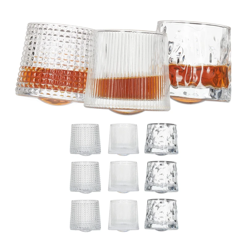 Relaxdays Whisky Glasses, Set of 12, 3 Different Cuts, 150 ml, Tumbler, H x Ø: 7.5 x 8 cm, Swivel Bottoms, Transparent