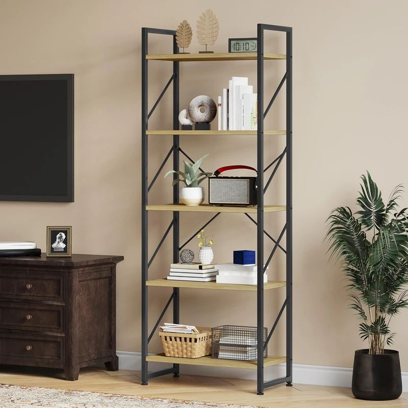YITAHOME Bookcase 5 Tiers, Floor Standing Book Shelf, Wooden Shelf and Metal Frame Book Rack, Display Storage Rack Shelving Units for Living Room, Home Office - Wood Color Bookshelf