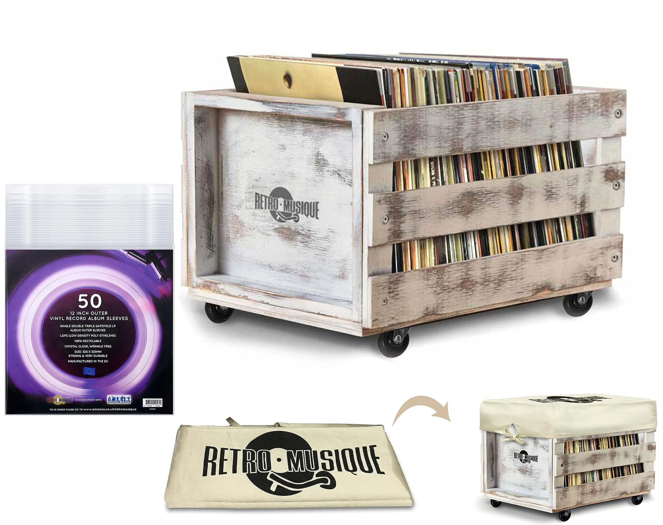 Retro musique Wooden 12” LP Vinyl Record Storage Crate on Wheels Holds up to 100 Albums (in PVC Sleeves) with Hessian Cloth Cover (White Wash Finish)