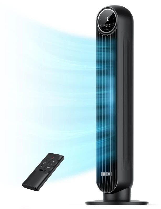 Dreo 25dB Silent Tower Fan, 28 ft/s Velocity Electric Cooling Fan with Remote, 90° Oscillating 8 Speeds 4 Modes 8H Timer LED Display, DC Motor Quiet Standing Bladeless Floor Fans for Bedroom, Black