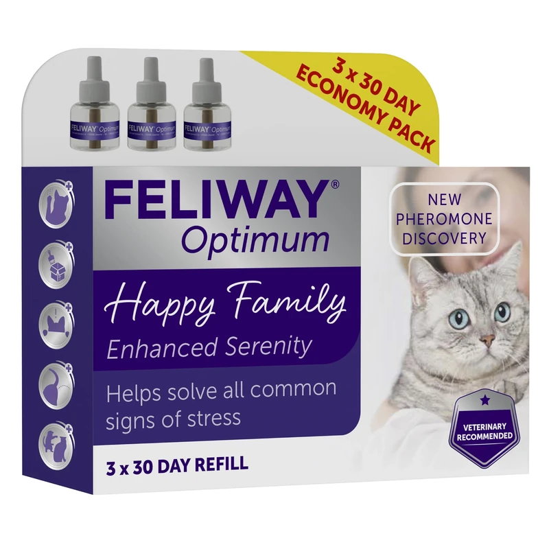 FELIWAY Optimum 3x30 Day Cat Calming Odourless Refills for Pheromone Diffuser, 3x48ml Value Pack - Helps Solve Signs of Stress in Cats & Kittens, Veterinary Recommended, Drug-free, Clinically Proven