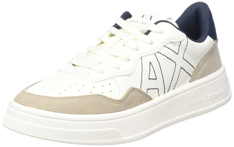 Armani Exchange Women's Seattle, Suede Details, Embroidered Logo Trainers, Off White Beige, 4 UK