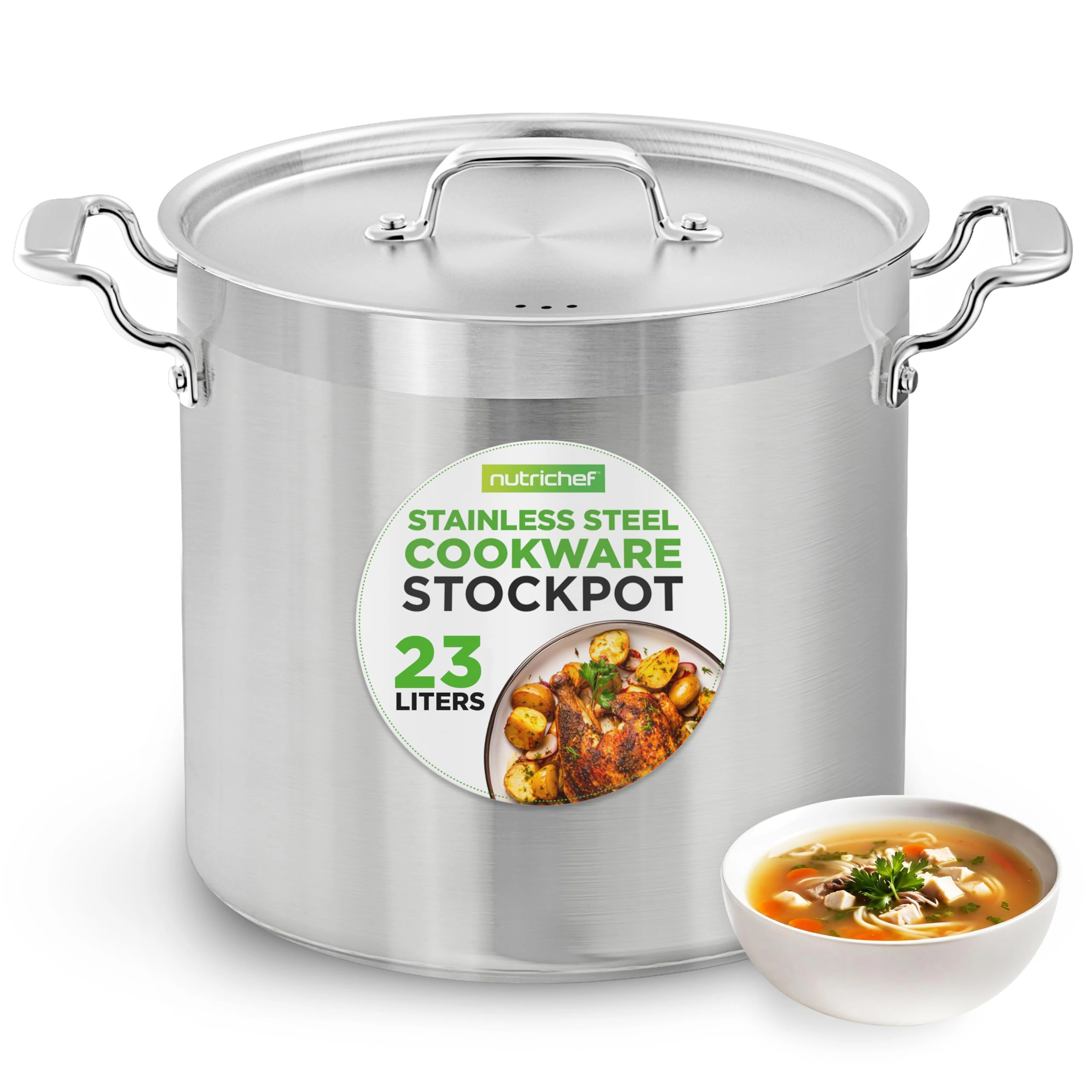 NutriChef Stainless Steel Stock Pot with Lid, 22.7L Big Stockpots for Stew, Soup, Pasta, Meat- Induction Ready, Large Cooking Pot with Ergonomic Handles