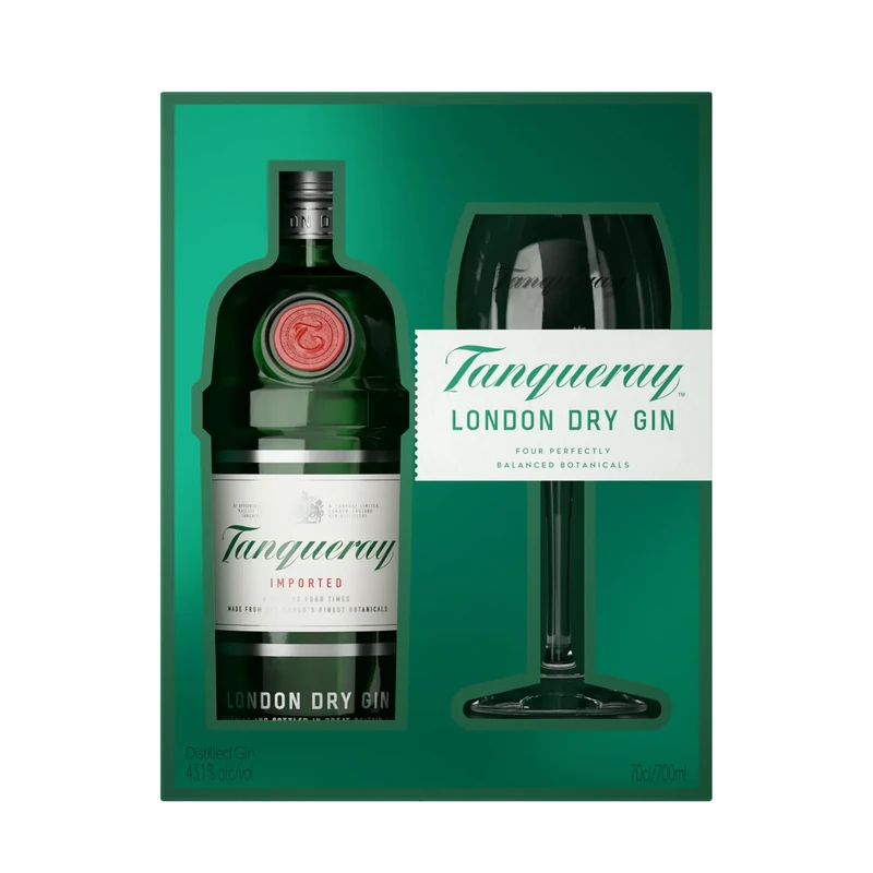 Tanqueray London Dry Gin | Gift Pack with Glass | 43.1% vol | 70cl | Distilled 4 Times | Made with 4 Gin Botanicals | Enjoy with Ice & Tonic