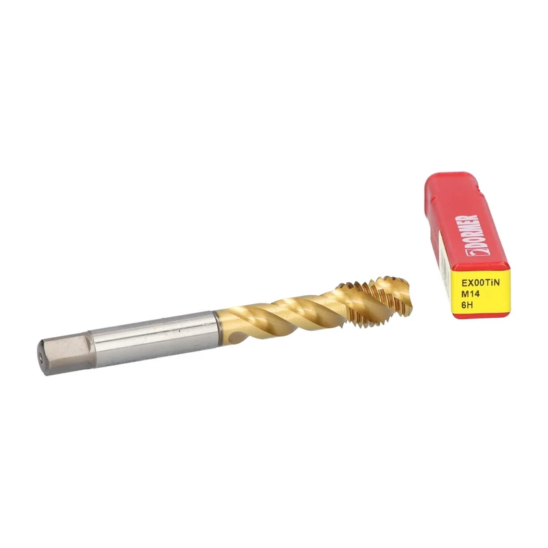 Dormer EX00TINM14 Series EX00TIN HSS-E-PM 45° Spiral Flute Machine Tap, Tin Coating, Bright Finish, M14 x 2.00mm x 110mm