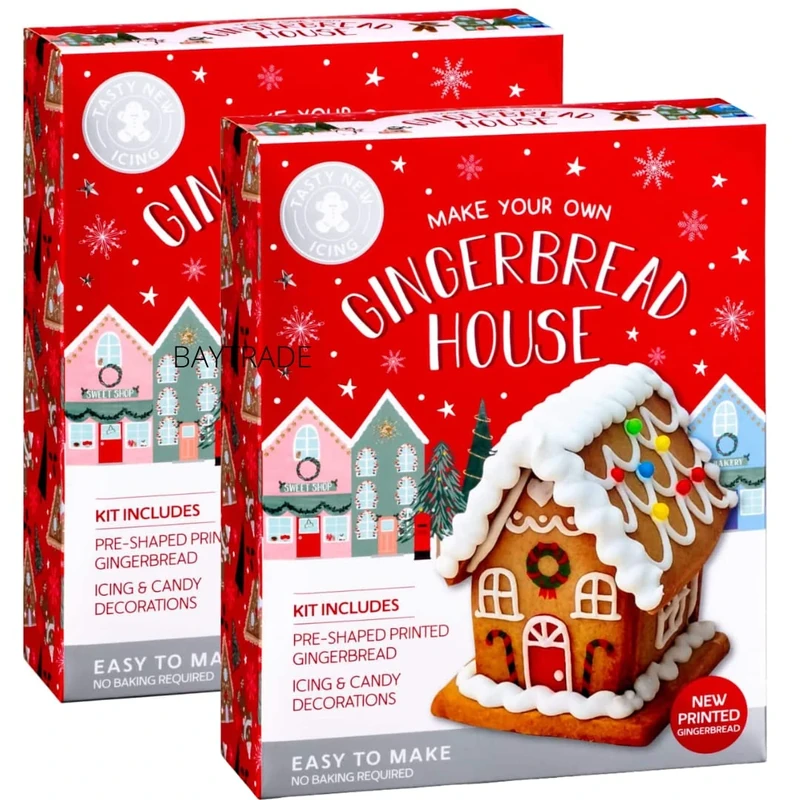 BAYTRADE 2 X Make your own Gingerbread House Kit Pre Baked - 380g – with Icing Christmas Sweets Decorations - Kids Build and Decorate – Just add Candy canes to this Ginger bread house Xmas Gift