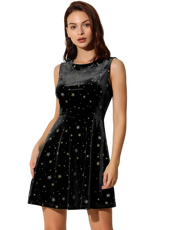 Allegra K Women's Shiny Stars Print Sleeveless Swing Mini Velvet Dress, Black, L