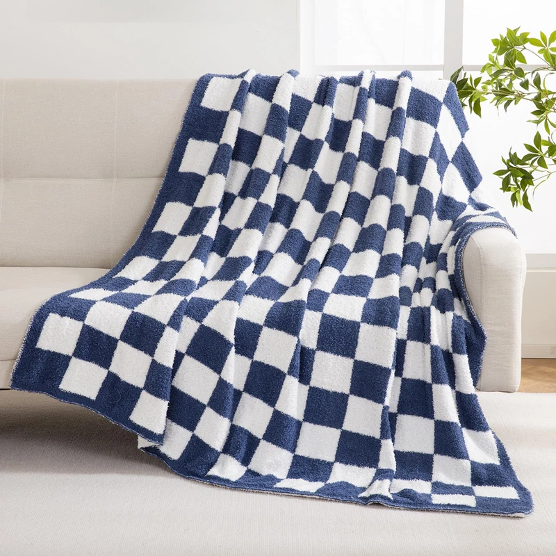 YIRUIO Throw Blankets Checkerboard Grid Chessboard Gingham Warmer Comfort Reversible Shaggy Cozy Decor for Home Bed Couch (bluey, 51''x63'')